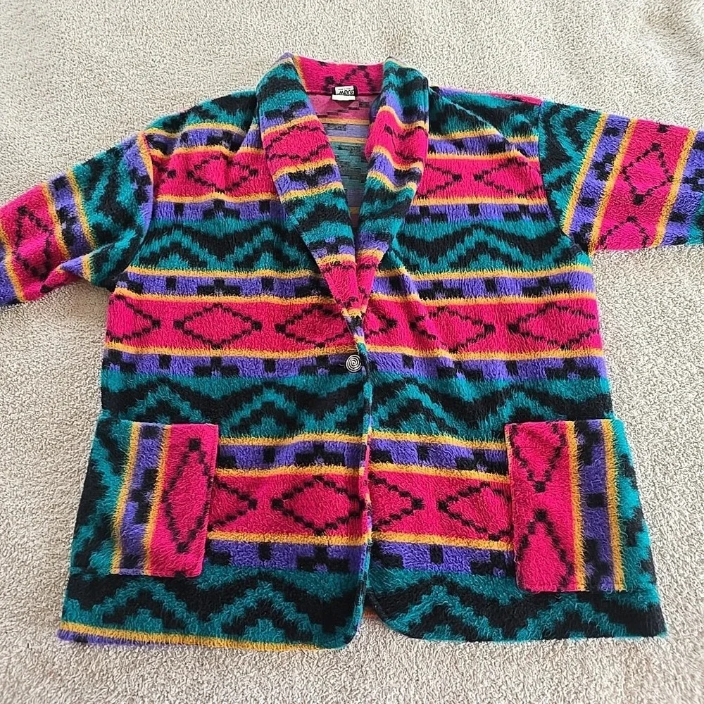 Vintage 90's Loom Wear Aztec Fleece Blazer Jacket Oversized USA Pockets Colorful